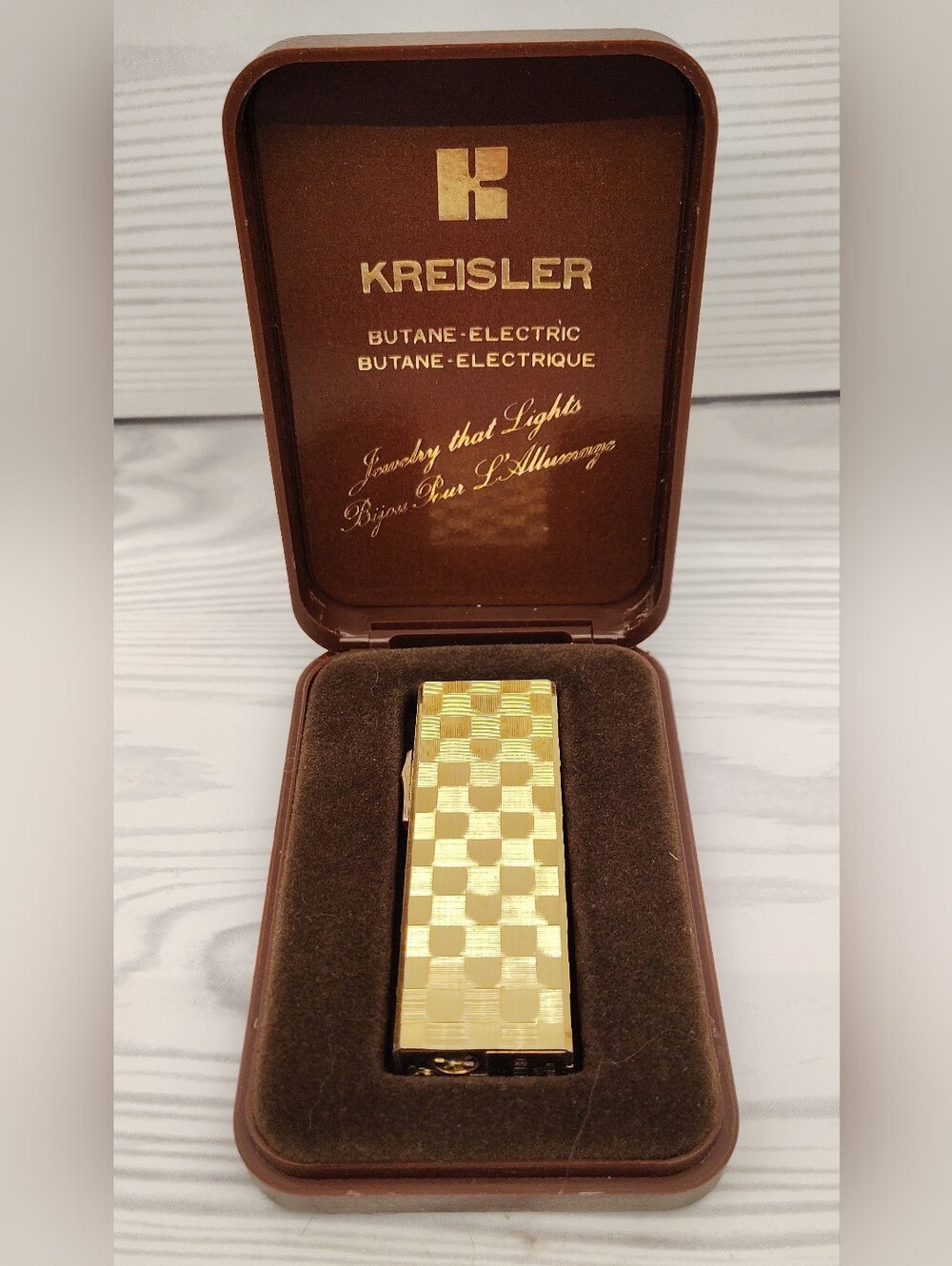 Kreisler Men's Gold Check Pattern Butane-Electric Lighter Vintage